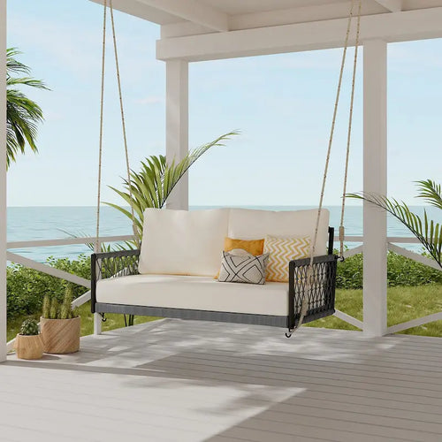 Canapé-balancelle d'extérieur monobloc en corde tressée avec coussins moelleux, 2 places, pour terrasse, cour et balcon (beige)