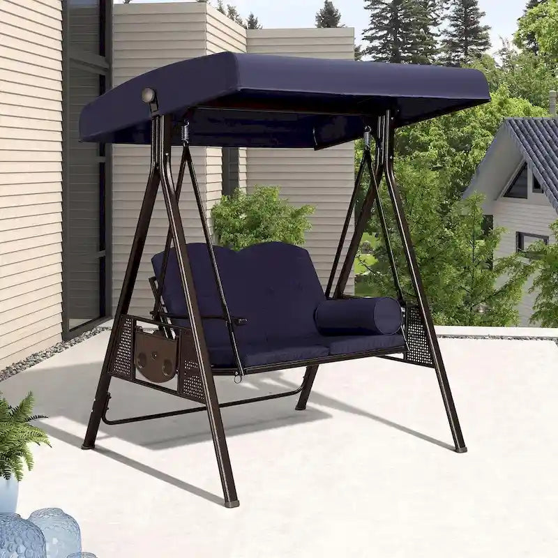 PURPLE LEAF Navy Blue Deluxe Outdoor Patio Porch Swing with Weather Resistant Steel Frame, Cushions and Pillow Included
