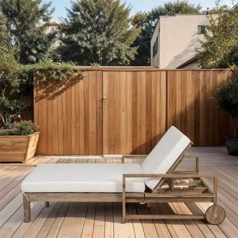 Lit de jour d'extérieur en bois monobloc avec coussins en tissu