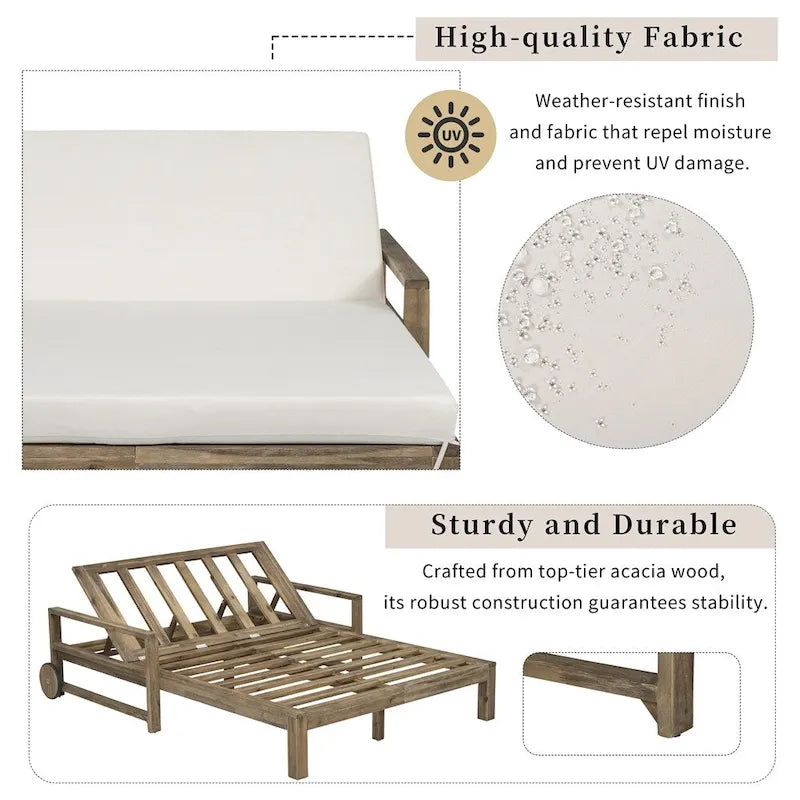 Lit de jour d'extérieur en bois monobloc avec coussins en tissu