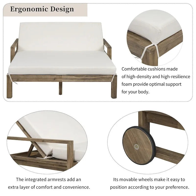 Lit de jour d'extérieur en bois monobloc avec coussins en tissu