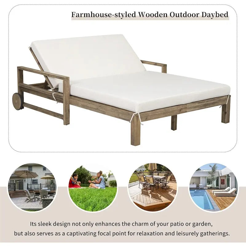 Lit de jour d'extérieur en bois monobloc avec coussins en tissu