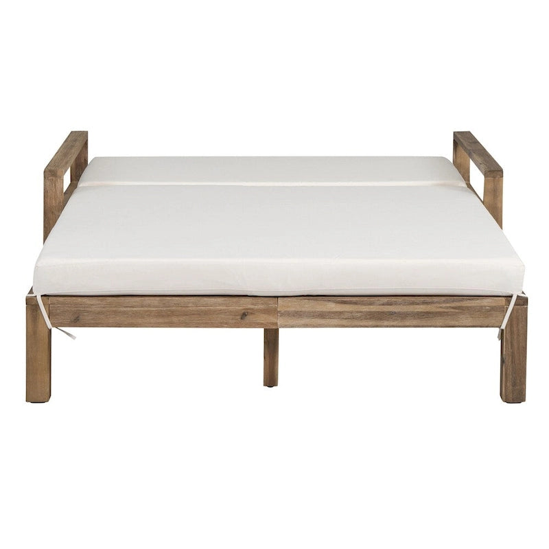 Lit de jour d'extérieur en bois monobloc avec coussins en tissu