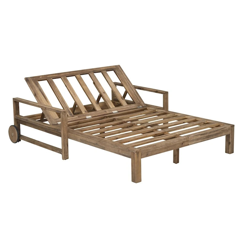 Lit de jour d'extérieur en bois monobloc avec coussins en tissu