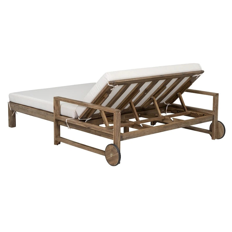 Lit de jour d'extérieur en bois monobloc avec coussins en tissu