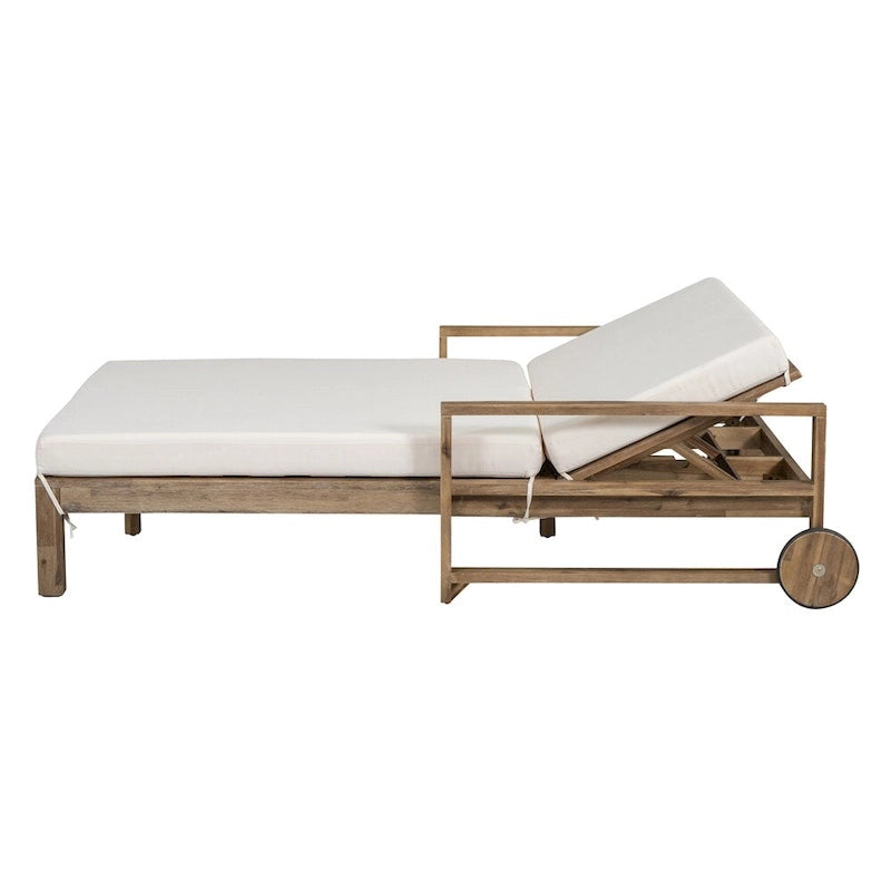 Lit de jour d'extérieur en bois monobloc avec coussins en tissu