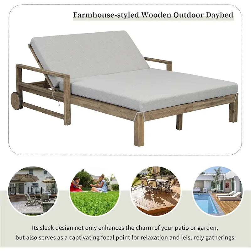 Lit de jour d'extérieur en bois monobloc avec coussins en tissu