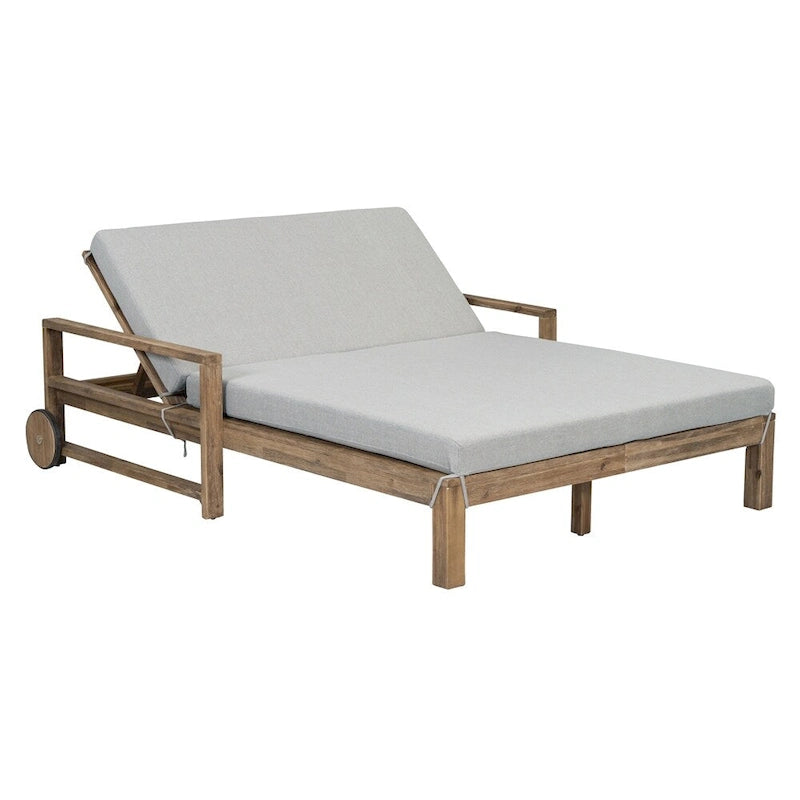 Lit de jour d'extérieur en bois monobloc avec coussins en tissu