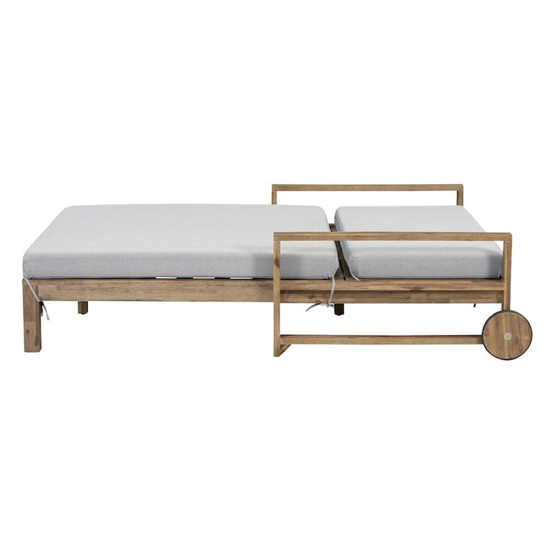 Lit de jour d'extérieur en bois monobloc avec coussins en tissu