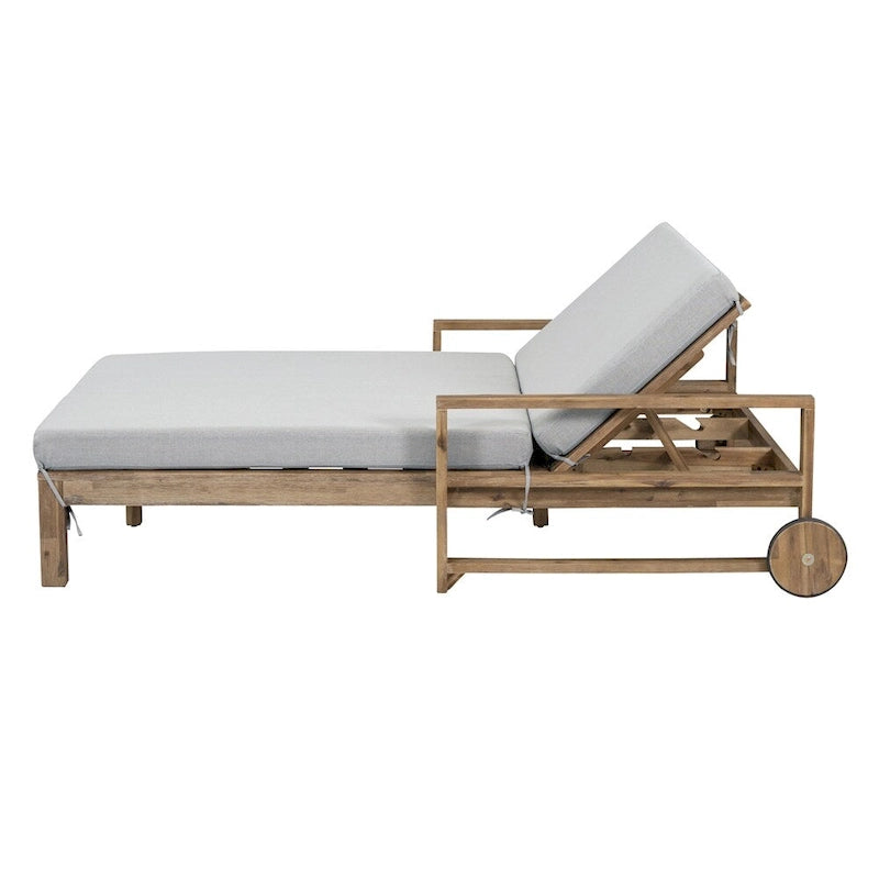 Lit de jour d'extérieur en bois monobloc avec coussins en tissu