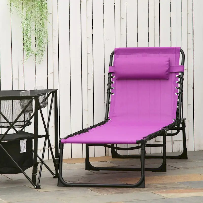 Outdoor Portable Folding Chaise Lounge with Pillow, Reclining Back, Steel Frame & Breathable Mesh
