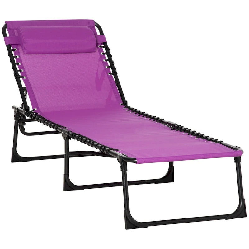 Chaise longue pliante d'extérieur portable avec coussin, dossier inclinable, structure en acier et maille respirante