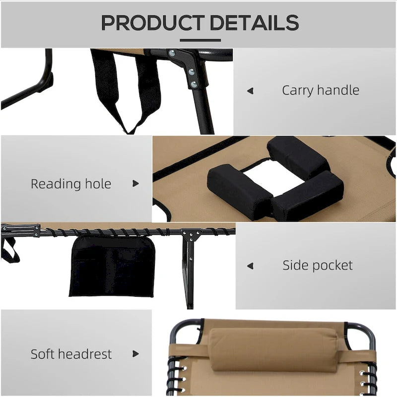Chaise longue pliante 2 pièces avec dossier inclinable 5 positions et trou de lecture