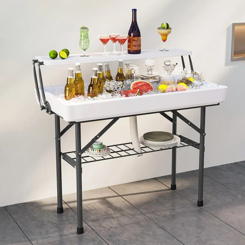 Portable Two-Tier Ice Table Folding Ice Cooler Table with Drain and Detachable Skirt