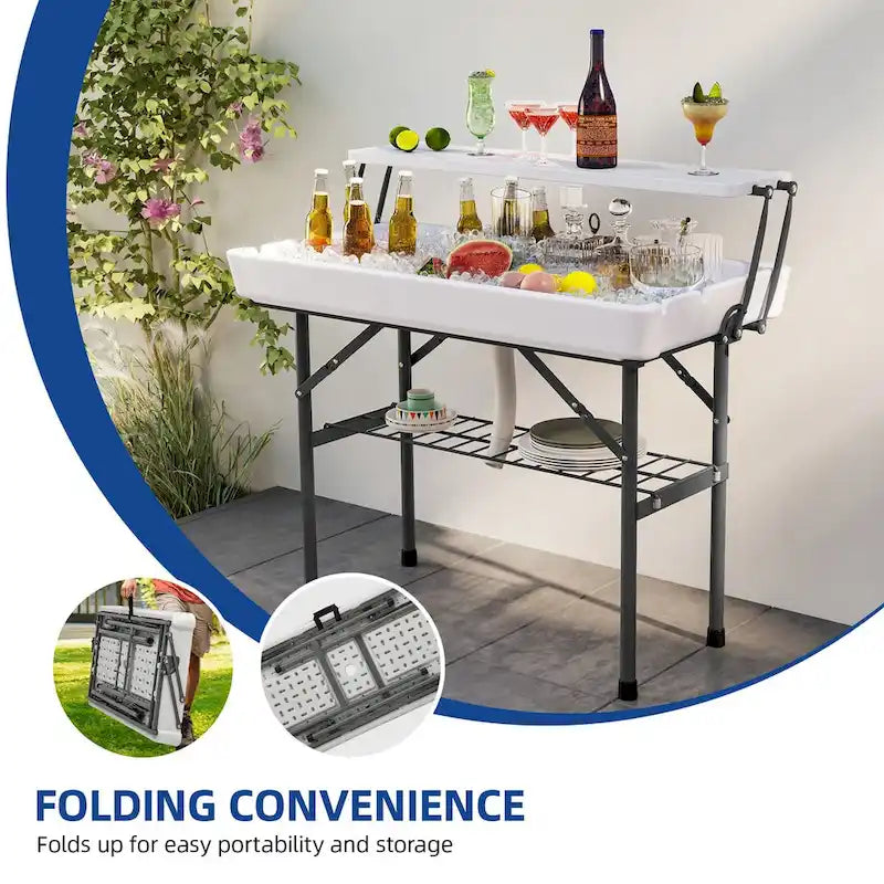 Table à glaçons pliable portable à deux niveaux avec système de drainage et jupe amovible