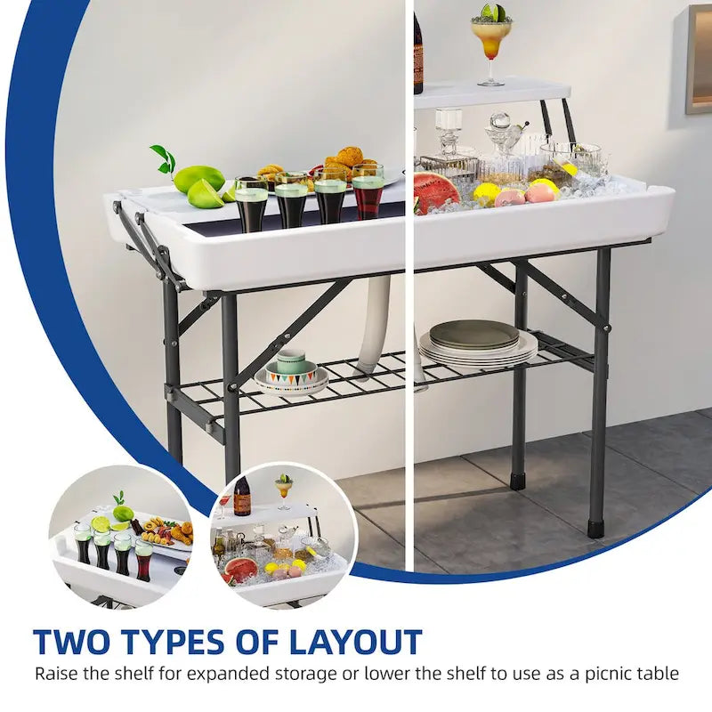 Table à glaçons pliable portable à deux niveaux avec système de drainage et jupe amovible